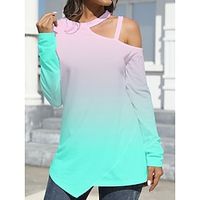Women's Shirt Blouse Wrap Color Gradient Casual Yellow Blue Purple Print Asymmetric Hem Long Sleeve Fashion Streetwear Round Neck Cold Shoulder Regular Fit Summer Spring Lightinthebox - thumbnail