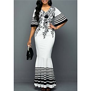 Women's Trumpet / Mermaid Dress Maxi long Dress White Half Sleeve Print Patchwork Print Fall V Neck Elegant 2021 S M L XL XXL 3XL 4XL 5XL / Plus Size miniinthebox