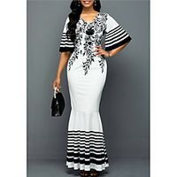 Women's Trumpet / Mermaid Dress Maxi long Dress White Half Sleeve Print Patchwork Print Fall V Neck Elegant 2021 S M L XL XXL 3XL 4XL 5XL / Plus Size miniinthebox - thumbnail