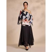 Chiffon One Shoulder Belted Long Sleeve Blouse Chiffon Irregular Hem Maxi Skirt Two Piece Set