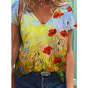 Women's Floral Theme Abstract Painting T shirt Floral Graphic 3D Print V Neck Basic Tops Purple Yellow Blushing Pink Lightinthebox