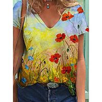 Women's Floral Theme Abstract Painting T shirt Floral Graphic 3D Print V Neck Basic Tops Purple Yellow Blushing Pink Lightinthebox - thumbnail