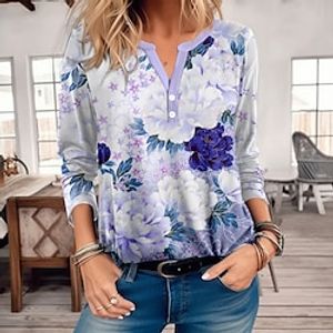Women's T shirt Tee Pink Blue Floral Button Print Long Sleeve Holiday Weekend Fashion V Neck Regular Fit Floral Painting Spring   Fall miniinthebox