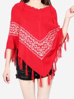 Women Christmas Knitting Print Tassels Cloak Coat - thumbnail