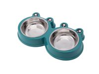 Double Dining Frog Shaped Pet Feedrer With Stainless Steel Bowl & Non Slip Rubber Bottom green For Cats And Dogs - 27.8X15.5X4cm