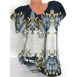 Women's Plus Size Tops T shirt Tee Floral Print Short Sleeve Crewneck Streetwear Daily Sports Cotton Spandex Jersey Spring Summer Blue miniinthebox