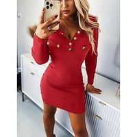 Women's Plain Dress Mini Dress Button Valentine's Day Date Vacation Elegant Crew Neck Long Sleeve Slim Black Red Color S M L XL XXL Size Lightinthebox - thumbnail