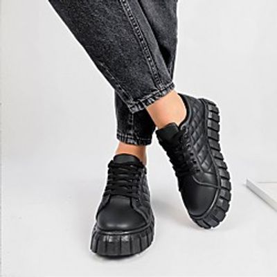 Women's Sneakers Flat Heel Round Toe Casual Daily PU Leather Lace-up Solid Colored White Black miniinthebox