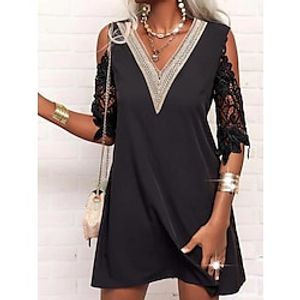 Women's Casual Dress Lace Dress Shift Dress Plain Lace Patchwork V Neck Cold Shoulder Mini Dress Fashion Streetwear Outdoor Daily 34 Length Sleeve Loose Fit Black White Dark Blue Summer Spring S M L Lightinthebox