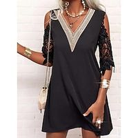 Women's Casual Dress Lace Dress Shift Dress Plain Lace Patchwork V Neck Cold Shoulder Mini Dress Fashion Streetwear Outdoor Daily 34 Length Sleeve Loose Fit Black White Dark Blue Summer Spring S M L Lightinthebox - thumbnail