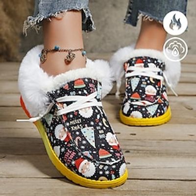 Women's Boots Flats Print Shoes Snow Boots Plus Size Christmas Daily Flat Heel Round Toe Closed Toe Plush Casual Comfort Canvas Lace-up Black  Red Black Green Lightinthebox
