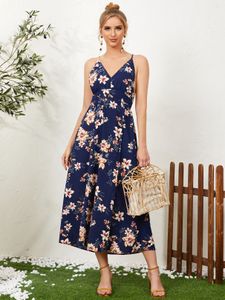 YOINS Random Floral Print Backless Tie-up Design V-neck Sleeveless Maxi Dress