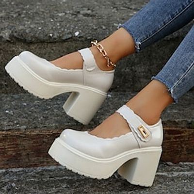 Women's Heels Pumps Lolita Ankle Strap Heels Outdoor Daily Platform Chunky Heel Wedge Heel Open Toe Casual Minimalism Faux Leather Ankle Strap Solid Color White miniinthebox