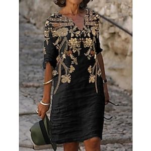 Women's Casual Dress Shift Dress Summer Dress Floral Tribal Print Split Neck Mini Dress Vintage Ethnic Outdoor Daily Half Sleeve Regular Fit Black White Yellow Summer Spring S M L XL XXL Lightinthebox