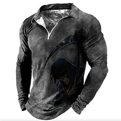 Men's Collar Polo Shirt Golf Shirt Skull Turndown Khaki Gray 3D Print Halloween Street Long Sleeve Zipper Print Clothing Apparel Fashion Designer Casual Breathable Lightinthebox