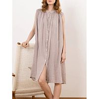 2021 summer new plus size dress solid color cotton and linen single-breasted stand collar sleeveless loose casual shirt dress miniinthebox - thumbnail