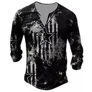 Men's T shirt Tee Henley Shirt Tee Graphic National Flag Henley Black Long Sleeve 3D Print Plus Size Outdoor Daily Button-Down Print Tops Basic Designer Classic Comfortable / Sports miniinthebox