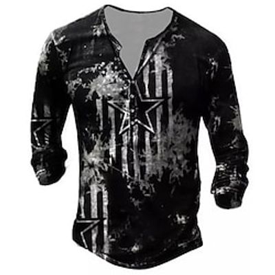 Men's T shirt Tee Henley Shirt Tee Graphic National Flag Henley Black Long Sleeve 3D Print Plus Size Outdoor Daily Button-Down Print Tops Basic Designer Classic Comfortable / Sports miniinthebox