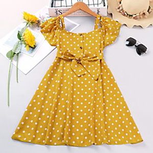 Kids Little Girls' Dress Polka Dot A Line Dress Sports  Outdoor Daily Ruched Lace up Yellow Midi Short Sleeve Cute Sweet Dresses Fall Summer Regular Fit 4-12 Years Lightinthebox