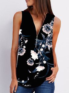 V Neck Zips Print Sleeveless Blouse
