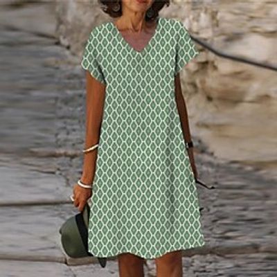 Women's Casual Dress Shift Dress Midi Dress Green Short Sleeve Geometric Print Spring Summer V Neck 2022 S M L XL XXL 3XL Lightinthebox