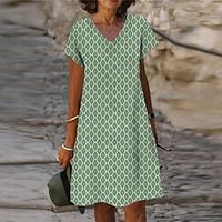 Women's Casual Dress Shift Dress Midi Dress Green Short Sleeve Geometric Print Spring Summer V Neck 2022 S M L XL XXL 3XL Lightinthebox - thumbnail