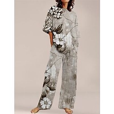 Women's Loungewear Sets Nighty 2 Pieces Flower Comfort Sweet Home Daily Polyester Crew Neck Half Sleeve Spring Summer Gray Lightinthebox