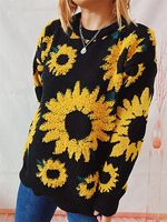 Women's Sunflower Jacquard Round Neck Long Sleeve Knitted Pullover Sweater