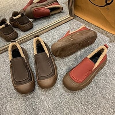 Women's Boots Flats Loafers Platform Boots Snow Boots Work Solid Color Winter Flat Heel Round Toe Classic Casual Minimalism Running Walking PU Zipper Dark Brown Red miniinthebox