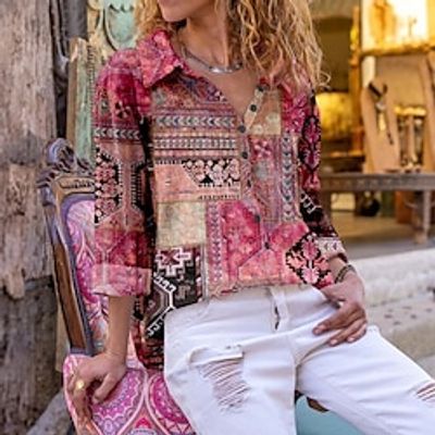 Women's Shirt Blouse Pink Blue Green Tribal Button Print Long Sleeve Casual Ethnic Shirt Collar Regular Fit Spring   Fall Lightinthebox