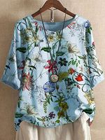 Round Neck Casual Loose Floral Print Short Sleeve Blouse