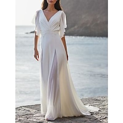 Beach Mature Wedding Dresses A-Line V Neck Short Sleeve Sweep  Brush Train Chiffon Bridal Gowns With Pleats Ruched 2023 Lightinthebox