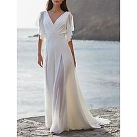 Beach Mature Wedding Dresses A-Line V Neck Short Sleeve Sweep  Brush Train Chiffon Bridal Gowns With Pleats Ruched 2023 Lightinthebox - thumbnail