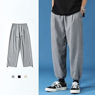 Men's Trousers Casual Pants Pocket Drawstring Elastic Waist Stripe Comfort Breathable Full Length Daily Going out Streetwear Fashion Chic  Modern Khaki Grey Micro-elastic Lightinthebox