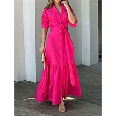 Women's Prom Dress Party Dress Wedding Guest Dress Long Dress Maxi Dress Rose Long Sleeve Plain Button Summer Spring Fall Shirt Collar Formal Winter Dress Wedding Guest Evening Party S M L XL XXL Lightinthebox