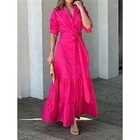 Women's Prom Dress Party Dress Wedding Guest Dress Long Dress Maxi Dress Rose Long Sleeve Plain Button Summer Spring Fall Shirt Collar Formal Winter Dress Wedding Guest Evening Party S M L XL XXL Lightinthebox - thumbnail