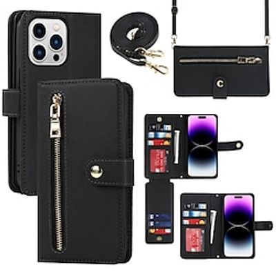 Phone Case For iPhone 15 Pro Max Plus iPhone 14 13 12 11 Pro Max Mini SE X XR XS Max 8 7 Plus Wallet Case Zipper with Lanyard Kickstand Solid Color TPU PU Leather miniinthebox