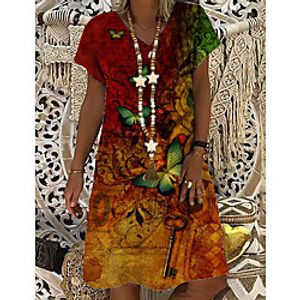 Women's T Shirt Dress Tee Dress Knee Length Dress Brown Short Sleeve Print Butterfly Animal Print Spring Summer V Neck Casual Holiday 2021 S M L XL XXL 3XL miniinthebox