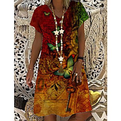Women's T Shirt Dress Tee Dress Knee Length Dress Brown Short Sleeve Print Butterfly Animal Print Spring Summer V Neck Casual Holiday 2021 S M L XL XXL 3XL miniinthebox