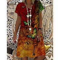 Women's T Shirt Dress Tee Dress Knee Length Dress Brown Short Sleeve Print Butterfly Animal Print Spring Summer V Neck Casual Holiday 2021 S M L XL XXL 3XL miniinthebox - thumbnail