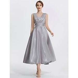 A-Line Cocktail Dresses Elegant Dress Formal Wedding Guest Tea Length Sleeveless V Neck Satin with Pocket 2023 Lightinthebox
