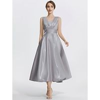 A-Line Cocktail Dresses Elegant Dress Formal Wedding Guest Tea Length Sleeveless V Neck Satin with Pocket 2023 Lightinthebox - thumbnail