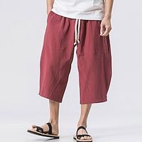 Men's Linen Shorts Summer Shorts Capri Pants Pocket Drawstring Elastic Waist Plain Comfort Breathable Calf-Length Casual Holiday Going out Linen / Cotton Blend Stylish Classic Black Wine miniinthebox - thumbnail