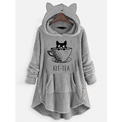Women's Cat Ear Fleece Hoodie Tops Sweatshirt Plain Button Pocket Long Sleeve Hooded Casual Teddy Home Daily Winter Fall Windproof Warm miniinthebox