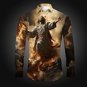 Jesus Vintage Abstract Men's Shirt Daily Wear Going out Spring Turndown Long Sleeve Yellow, Red, Blue S, M, L 4-Way Stretch Fabric Shirt Lightinthebox