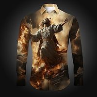 Jesus Vintage Abstract Men's Shirt Daily Wear Going out Spring Turndown Long Sleeve Yellow, Red, Blue S, M, L 4-Way Stretch Fabric Shirt Lightinthebox - thumbnail