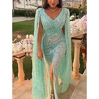 A-Line Evening Gown Elegant Dress Formal Floor Length Long Sleeve V Neck Sequined with Glitter Pleats Ruched 2023 Lightinthebox - thumbnail