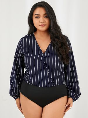 YOINS Plus Size V-neck Striped Wrap Design Long Sleeves Bodysuit YOINS Plus Size V-neck Striped Wrap Design Long Sleeves Bodysuit