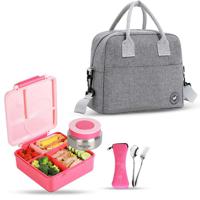 Eazy Kids Jumbo Bento Lunch Box With Grey Lunch Bag Food Jar And Cutlery - Pink