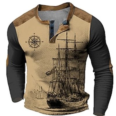 Ship Nautical Compass Designer Retro Vintage Casual Men's 3D Print Henley Shirt Waffle T Shirt Sports Outdoor Holiday Festival T shirt Light Brown Blue Brown Long Sleeve Henley Shirt Spring   Fall Lightinthebox
